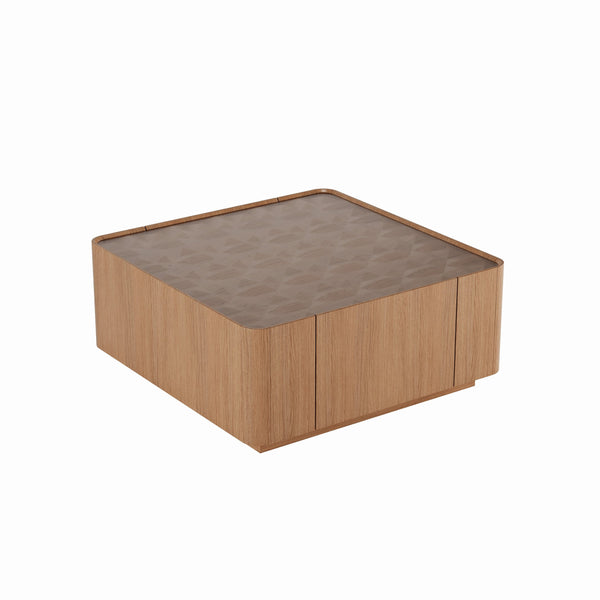 English Elm 31.5-inch Square Walnut Coffee Table Tempered Glass Top with Hidden Storage Drawers W2263P458486