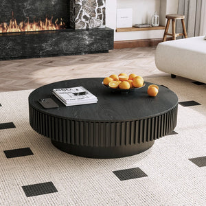 English Elm 39.37'' Round Lift-top Coffee Table Fluted Wood Veneer Hidden Storage Modern Living Room Black W1435P261922