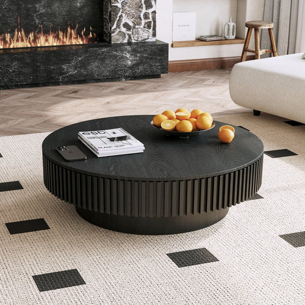 English Elm 39.37'' Round Lift-top Coffee Table Fluted Wood Veneer Hidden Storage Modern Living Room Black W1435P261922