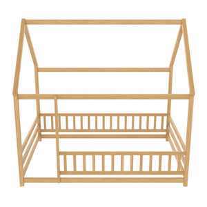 English Elm Twin Pine House Frame Floor Bed with Peaked Roof and Fence Guardrails for Kids Natural W1858P389982