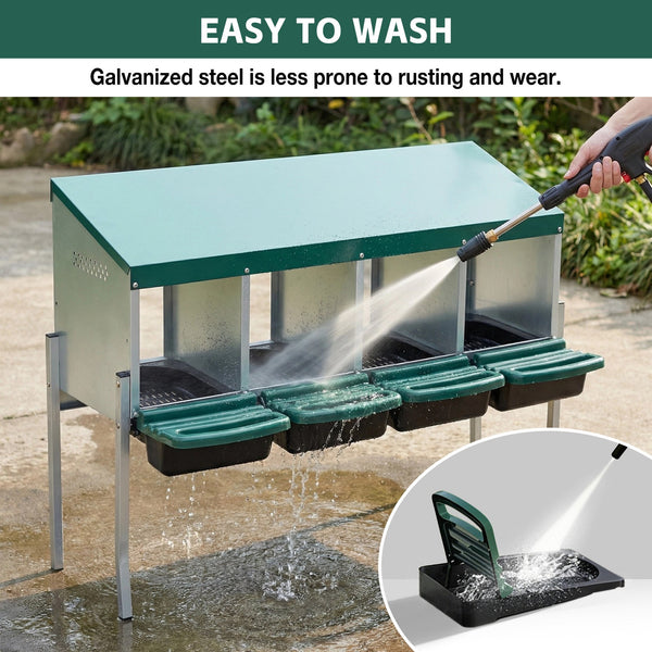 English Elm 4-hole Galvanized Steel Chicken Nesting Box with Roll Away Egg Tray and Rain Cover W1422P292941