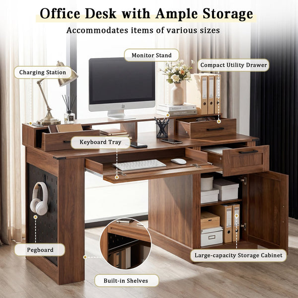English Elm 55" Farmhouse Writing Desk with Cabinet Charging Station Pegboard and Monitor Stand Dark Walnut W2917S00009