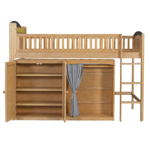 English Elm Twin Loft Bed with Wardrobe Cabinet Led Lighting and Pine Frame for Kids Rooms Wood N7090002235M
