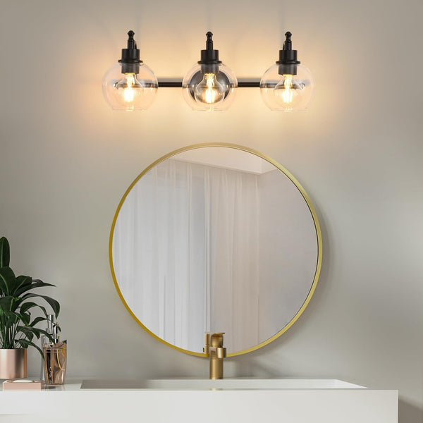 English Elm 3-Lights Brushed Gold Vanity Light 22" Retro Modern Bathroom Fixture with Clear Glass Shades, E26 Bulb Ready T3177P283992