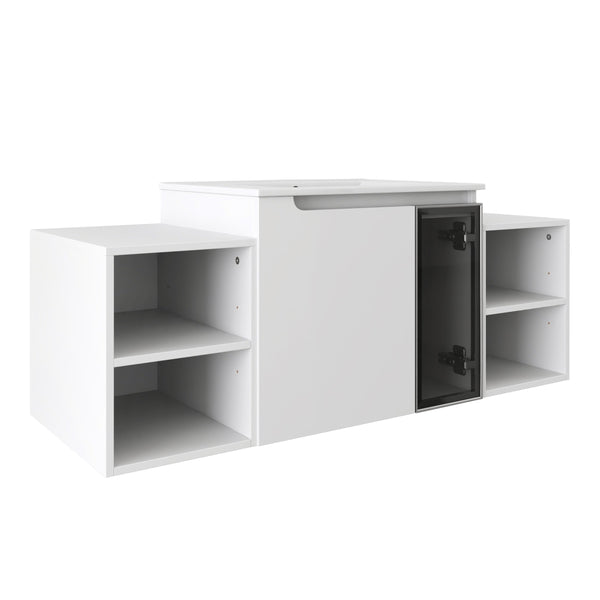 English Elm 48" Floating Bathroom Vanity with Ceramic Sink Soft Close Doors and Grey Glass Panel W999S00529