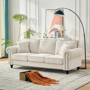 English Elm 86" Modern 3-Seater Sofa with Rolled Arms Chenille Upholstery, Nailhead Trim, Solid Wood Base for Living Room Comfort and Durability Beige W3373S00018