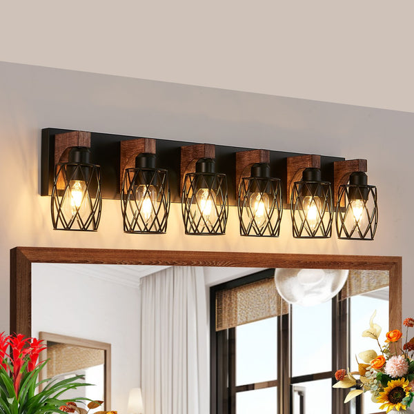 English Elm 38" Industrial Vintage 6-Light Wall Sconce Black Cage with Walnut Wood Accents for Bathroom Hallway Loft Ambience W2312P374840