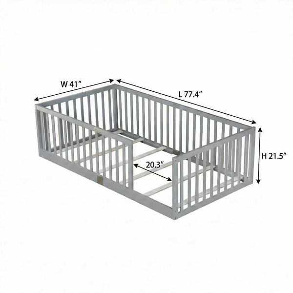 English Elm Twin Floor Bed Solid Rubber Wood with Tall Safety Railings for Toddler Sleep Grey W504P287642