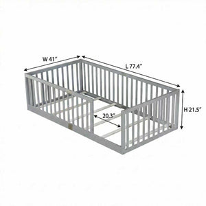 English Elm Twin House Frame Floor Bed Rubberwood with Roof Canopy and Safety Rails for Kids Grey W504P429529