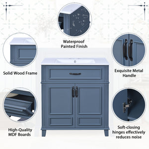 English Elm 30'' Retro Bathroom Vanity with Ceramic Sink, Solid Wood Frame, Soft-Close Doors & Ample Storage (Blue) N710P252113C