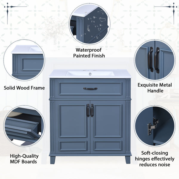 English Elm 30'' Retro Bathroom Vanity with Ceramic Sink, Solid Wood Frame, Soft-Close Doors & Ample Storage (Blue) N710P252113C