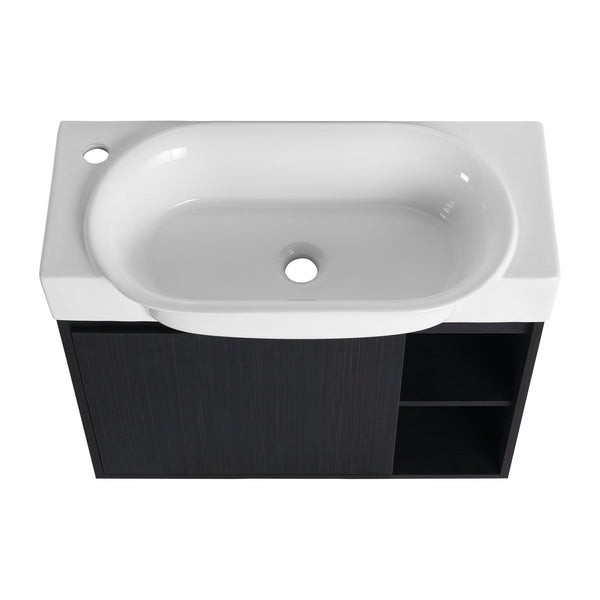 English Elm 28'' Wall-Mounted Bathroom Vanity with Glossy White Ceramic Sink, Soft-Close Doors, Water-Resistant Plywood Finish (Easy Assembly, KD Packing) W999P310767