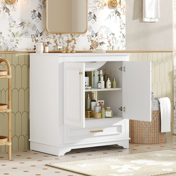 English Elm 30" Elegant Bathroom Vanity with Ceramic Sink, French-Inspired Compact Cabinet with Drawer & Shelf White N710P317676K