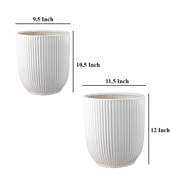 English Elm Lyna Glazed White Ceramic Planter Duo Ribbed Texture Bulbous Vessels for Any Room B056P412619