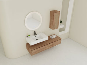 English Elm 60 Inch Wall-Mounted Bathroom Vanity Set With Resin Sink, Soft-Close Drawers & Side Cabinet Storage W999S00357