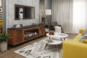 English Elm 86 Inch Electric Fireplace TV Stand Console for TVs up to 95", Two-Tone Bourbon & Black, Storage & Remote Controlled Heat B108P160228