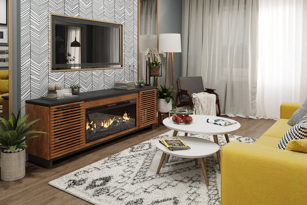 English Elm 86 Inch Electric Fireplace TV Stand Console for TVs up to 95", Two-Tone Bourbon & Black, Storage & Remote Controlled Heat B108P160228