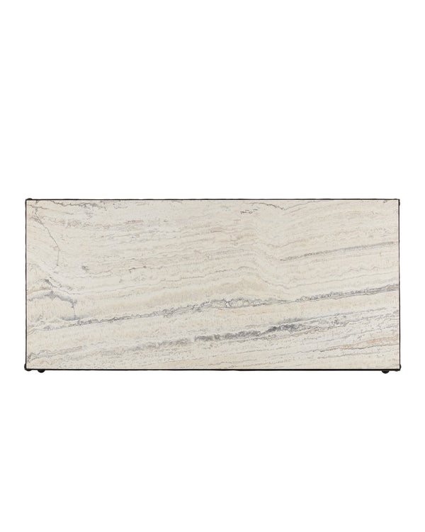Currey & Company Agora White Travertine Cocktail Table - Greek-inspired Design With Sculptural Bronze Frame Elegance White White Travertine ,Wrought Iron 4000-0244-currey-company