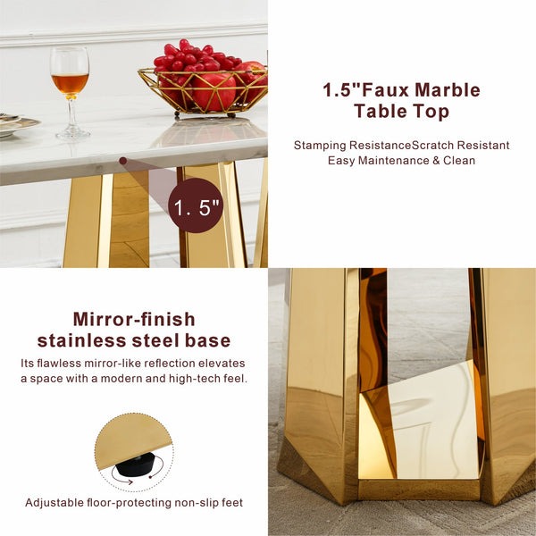 English Elm Marble Dining Table For 6-8 People, Modern Rectangular Faux Marble Top With Chrome Base Design W3456S00040