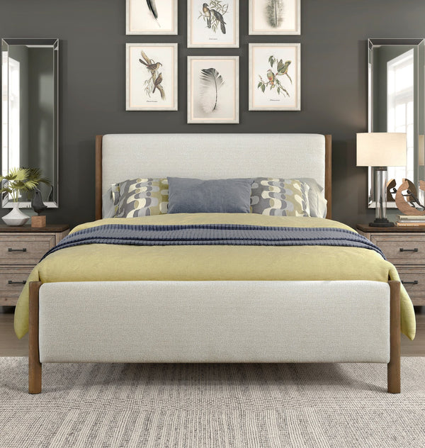 English Elm Modern Queen Platform Bed Beige Chenille Upholstered Frame with Oak Pilaster Accents B011S00903