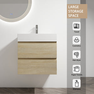English Elm 24" Wall-Mounted Bathroom Vanity With Resin Sink, Soft-Close Drawers & Space-Saving Design For Style W999S00196