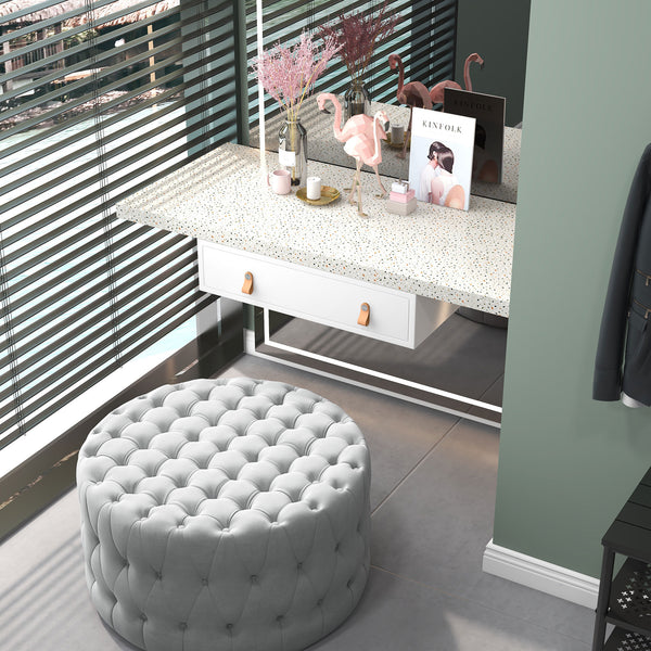 English Elm HOMCOM Round Button Tufted Ottoman Stool with Velvet-feel Upholstery, Light Gray Accent Seat, 31.5" W2225P173827