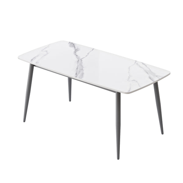 English Elm 62.99" Modern Artificial Stone Dining Table With Curved Edges & Dark Grey Metal Legs - Seats 6 Comfortably W1535S00506