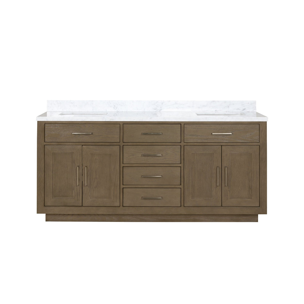English Elm Grey Oak Double Bath Vanity 72" W With Carrara Marble Top – Elegant Design & Ample Storage Solutions B2731P257782