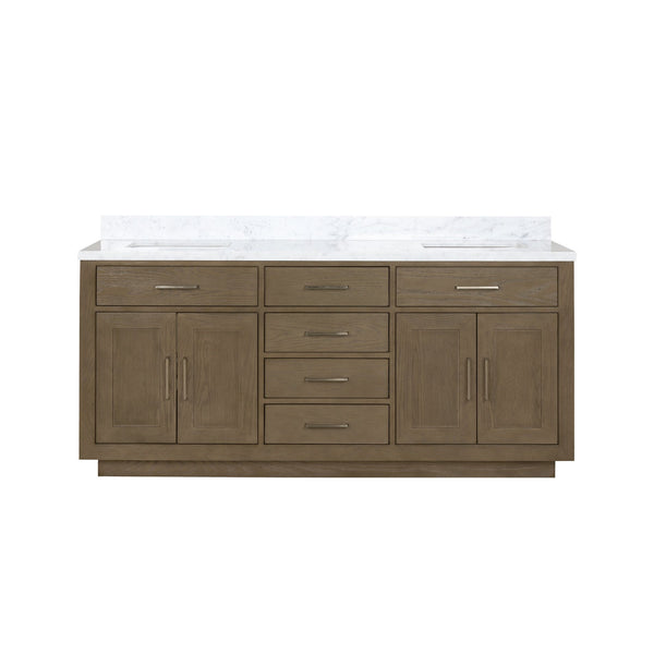 English Elm Grey Oak Double Bath Vanity 72" W With Carrara Marble Top – Elegant Design & Ample Storage Solutions B2731P257782