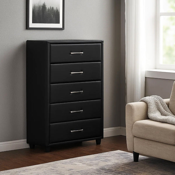 English Elm 5 Drawer Faux Leather Upholstered Chest Tapered Legs Bedroom Storage Modern B056P416786
