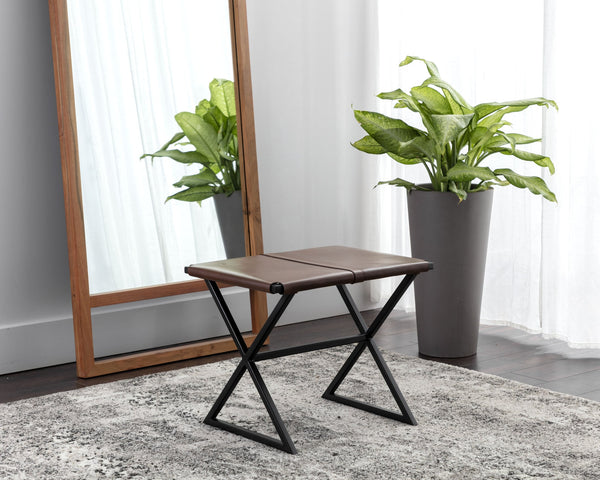 Sunpan Elon Stool - Vintage Cognac Leather Bench with Matte Black Powder Coated Base, Unique Craftsmanship