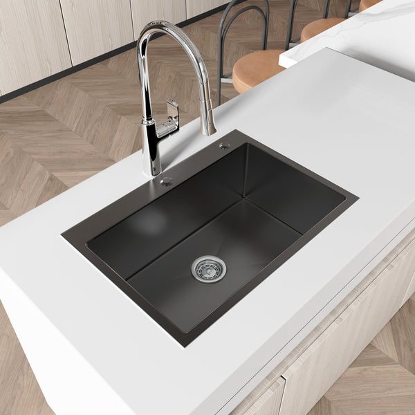 English Elm Stainless Handmade Single Bowl Overmount Kitchen Sink Deep Basin Black Satin Finish T3177P286026