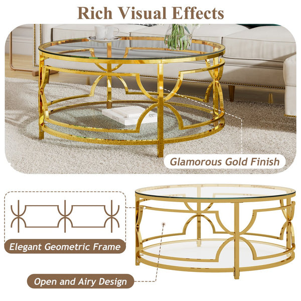 English Elm Round Tempered Glass Coffee Table with Gold Geometric Metal Base and Open Storage Shelf Transparent N735P396530K