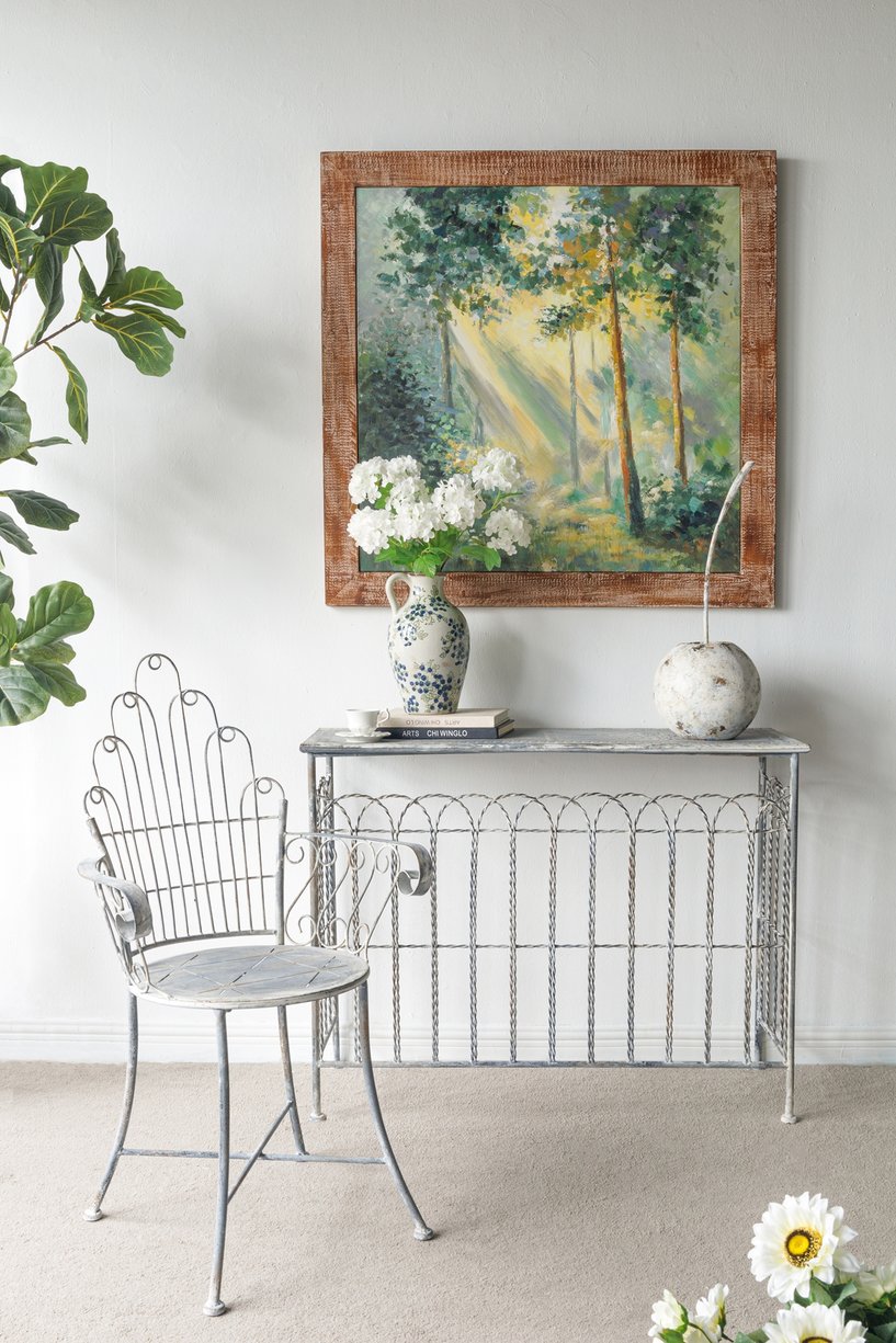 English Elm 39.4x39.4" Hand-painted Floral Canvas White Rose Art in Distressed Pine Frame W2078P481781
