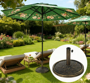 English Elm Umbrella Stand Resin Concrete Base with Lotus Relief Bronze Finish for Patio Decks T3971P426487