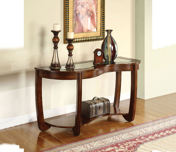 English Elm Dark Cherry Sofa Table Beveled Glass Top Open Shelf Transitional Living Room Console B011P246327