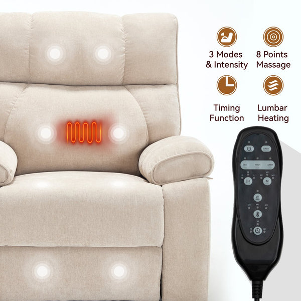 English Elm Beige Chenille Power Lift Recliner Dual Motor Massage Heat 350 Lb Capacity Beige W1803P264021