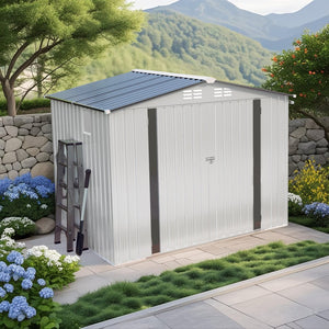 English Elm 8x6 Galvanized Steel Outdoor Storage Shed with Pitched Roof Lockable Doors and Window W3213S00007