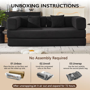 English Elm Convertible Corduroy Floor Sofa with Folding Sleeper and Bolster Pillow for Apartments Black W5638P460678