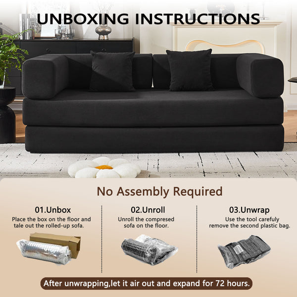 English Elm Convertible Corduroy Floor Sofa with Folding Sleeper and Bolster Pillow for Apartments Black W5638P460678