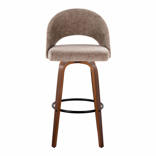 English Elm Fixed-height Mid-century Barstools with Walnut Legs and Grey Upholstered Seats Set B202S01931