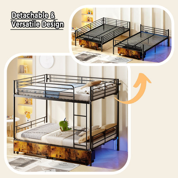 English Elm Bunk Bed Convertible Twin Over Metal Frame with Guardrail for Kids Rooms W3752S00009