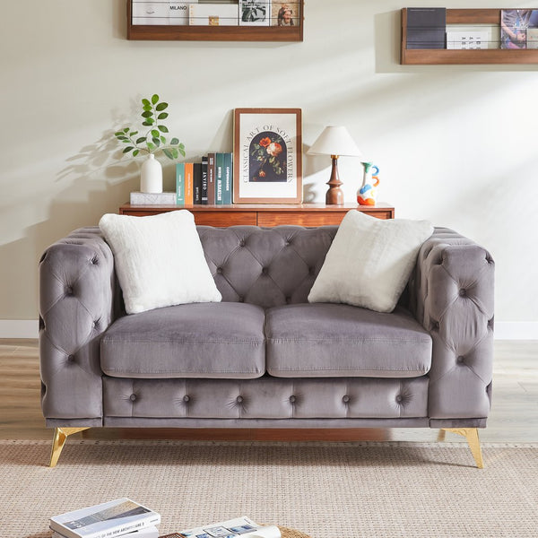 English Elm Fx Velvet Chesterfield Sofa Button Tufted Diamond Quilted Design with Accent Pillows Grey W1926S00089