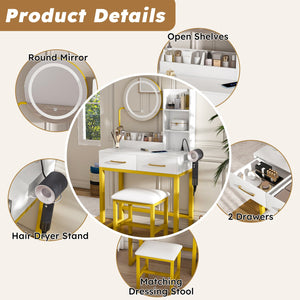 English Elm Makeup Vanity Table with LED Lights, Built-In Outlet & USB, Large Drawers, Hair Dryer Stand White W509P297014