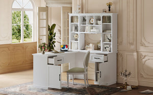 English Elm L-Shaped Corner Desk with 3 Cabinets, 2 Drawers & 11 Shelves, Built-In Power Outlet for Home Office White W1580S00188
