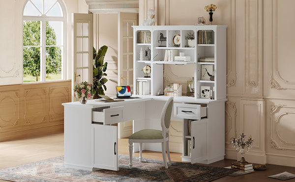 English Elm L-Shaped Corner Desk with 3 Cabinets, 2 Drawers & 11 Shelves, Built-In Power Outlet for Home Office White W1580S00188