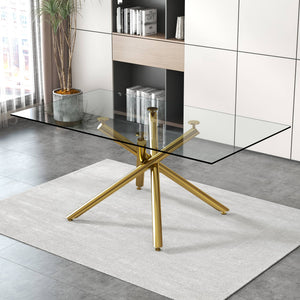 English Elm Large Rectangular Glass Dining Table For 4-8 People, Modern Design With Gold Metal Legs & Durability W1151S03180