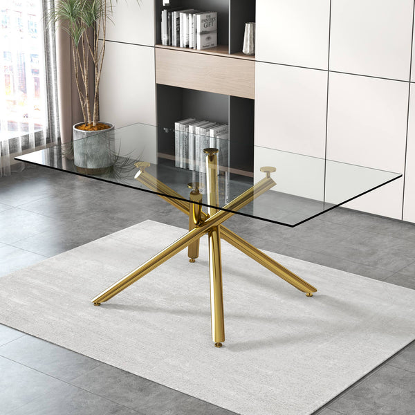 English Elm Large Rectangular Glass Dining Table For 4-8 People, Modern Design With Gold Metal Legs & Durability W1151S03180