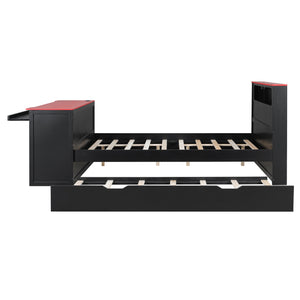 English Elm Full Size Wood Platform Daybed with Trundle Desk Rgb Led Lighting Gaming Bedroom Black+Red LT000284AAR