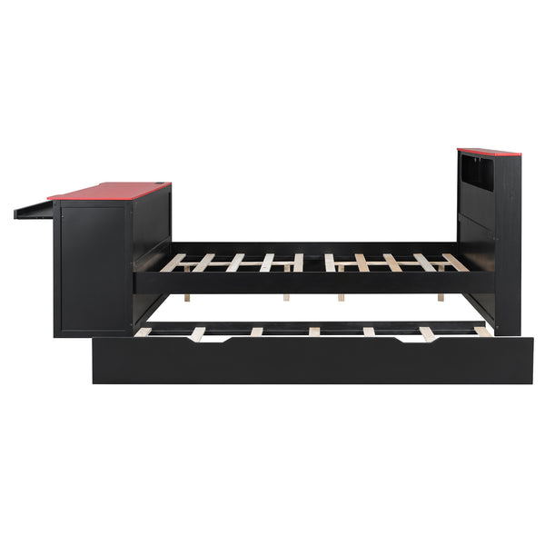 English Elm Full Size Wood Platform Daybed with Trundle Desk Rgb Led Lighting Gaming Bedroom Black+Red LT000284AAR